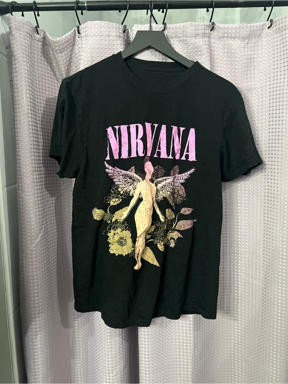 NIRVANA Black Tee with Pink Logo and Yellow Floral Angel